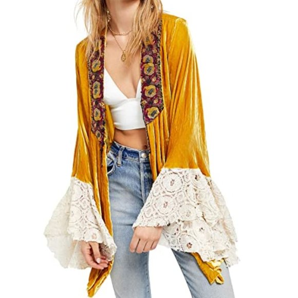 Free People Jackets & Blazers - Free People Wanderlust Marigold Jacket tunic kimono lace velvet embroidered $248